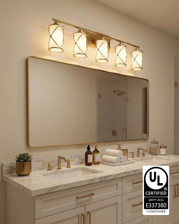 5-Light Brushed Gold Bathroom Light Fixtures Over Mirror, 38" UL-Listed Modern Wall Sconce Lights with Milk White Frosted Glass and Metal Cage for Bath, Hardwire E26, CH9176BGW-5W