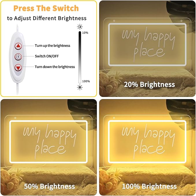 KeyDoors My Happy Place Neon Sign,Dimmable Warm White LED Neon Light for Wall Decor, USB Powered Letter Neon Signs, 3D Art Carving Design Neon Sign Light for Christmas Party Wedding Birthday Gift
