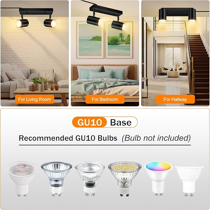 2 Light Track Lighting Kit,Black 2 Way Modern Plug in Ceiling Spotlight,Industrial LED Wall Light for Kitchen Cabinet Gallery Bar Hallway Living Room,Rocker Switch,15 Foot Cord(No Bulb)
