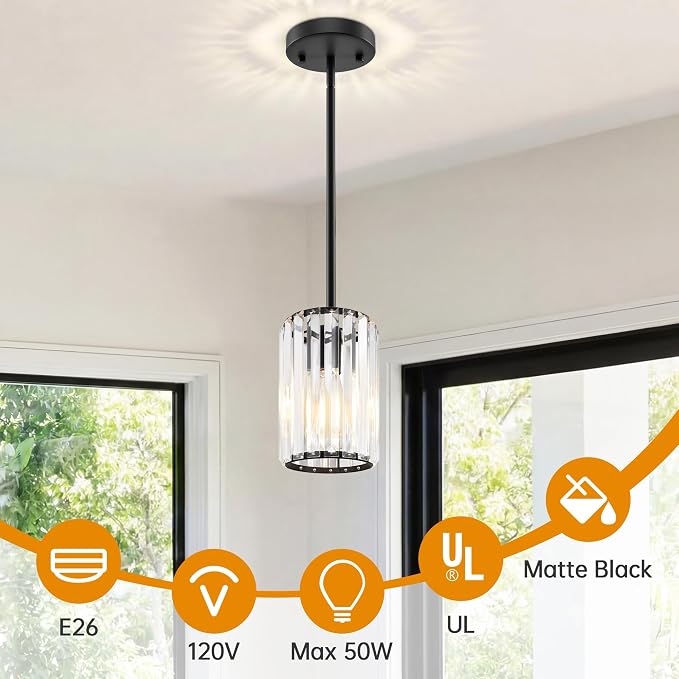 Black Pendant Light, Modern Crystal Pendant Lights Kitchen Island, Kitchen Island Lighting with Adjustable Height, UL Certified Island Lights for Kitchen Dining Room Bedroom Hallway 1 Pack