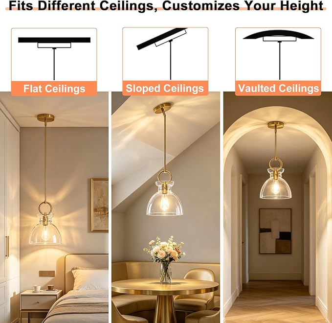 Gold Pendant Light Kitchen Island with 9.84'' Clear Glass Shade | Modern Pendant Lighting Over Sink, Adjustable Hanging Ceiling Light, E26 Dimmable Hardwired for Dining Room Hallway, 1-Pack