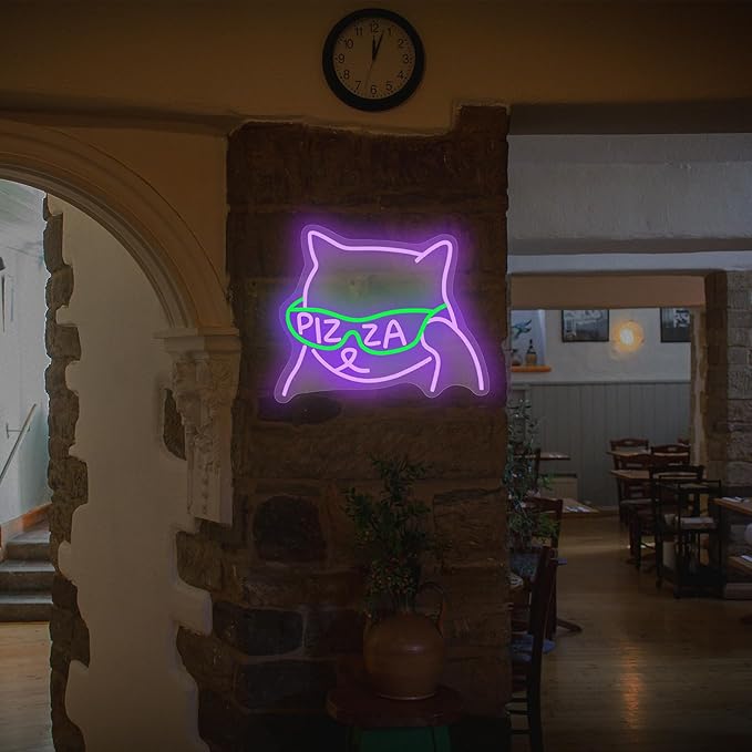 Pizza Sunglasses Cat Neon Sign, Anime Neon Signs for Pizzeria Wall Decor, Dimmable Led Signs for Bedroom, Light Up Signs for Resturant Kitchen Bar Beer Man Cave Party Decorations Gifts
