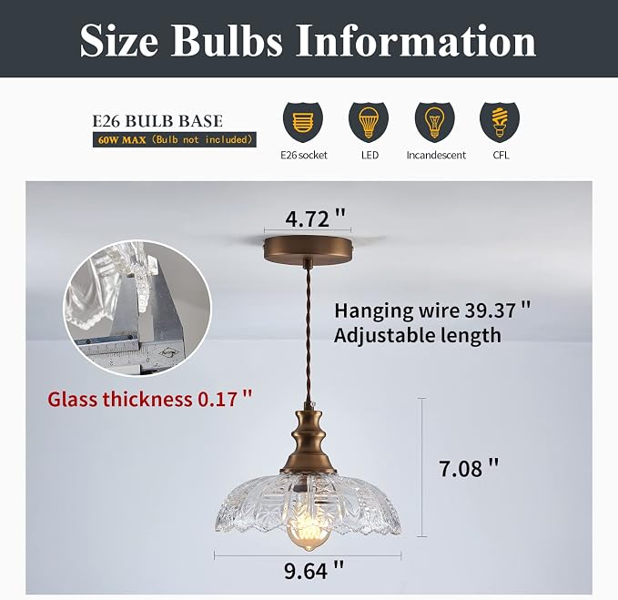 1-Light Pendant Light with Oil Rubbed Bronze Metal Glass Shade and Adjustable Cord Industrial Ceiling Hanging Light for Kitchen Island Bar Dining Room Bedroom Foyer Hallway Farmhouse