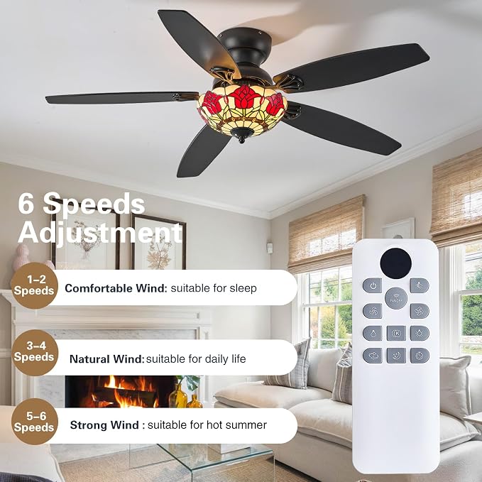 Tiffany Ceiling Fans with Lights-52"Ceiling Fan Chandelier and Glass Shade | 52" Ceiling Fan Chandelier with 5 Dual-Blades and Glass Shade, 6 Speeds and Reversible, Indoor and Outdoor, Retro Style