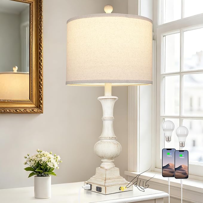 26" Tall Farmhouse Table Lamp for Living Room, Vintage Touch Control Bedside Lamp with USB A/C Charging Ports & AC Outlets, Rustic 3-Way Dimmable Nightstand Lamp for Bedroom End Table Antique White