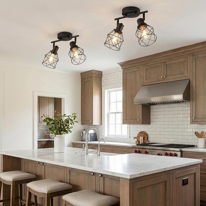 LOUSACE 2-Lights Kitchen Light Fixtures Ceiling Mount, Adjustable Flush Mount Ceiling Light with Metal Cage, Farmhouse Track Spotlight Ceiling Fixtures for Dining Room Entryway Living Room