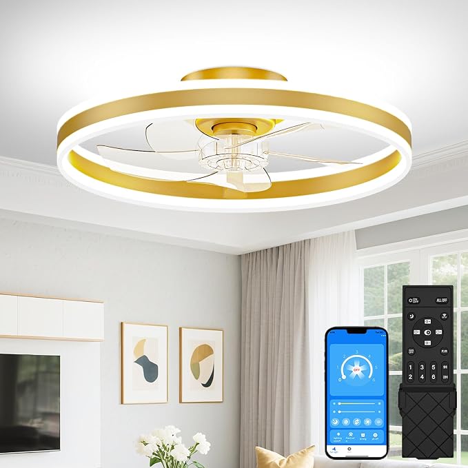 VOLISUN Low Profile Ceiling Fans with Lights and Remote, 20in Flush Mount Ceiling Fans with Light, 3000K-6500K Dimmable Fandelier LED Fan Light, Gold Bladeless Ceiling Fans with Lights for Bedroom
