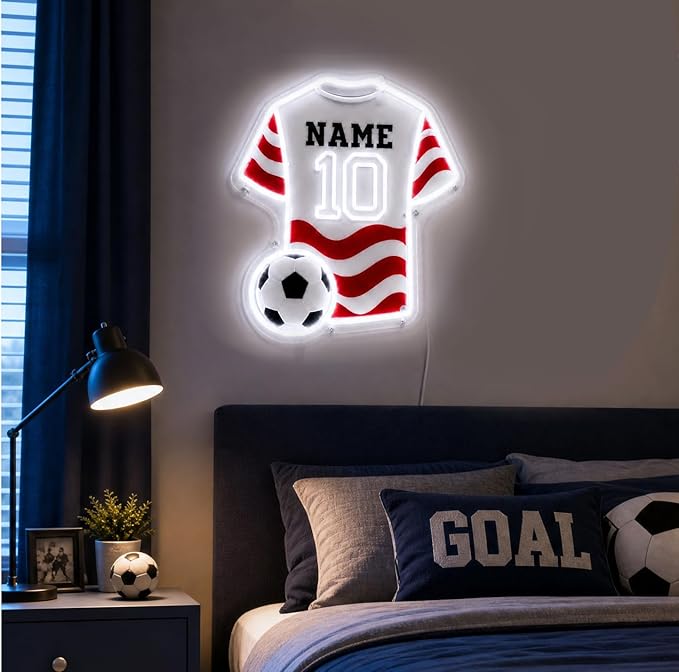 Custom Soccer Jersey Neon Sign, Personalized Name Number world cup Football Jersey Neon Light with Soccer Ball, Customizable USB LED Wall Decor for Boys Bedroom, Game Room, Man Cave, Sports Bar, Fan Club, Party,Soccer Gifts