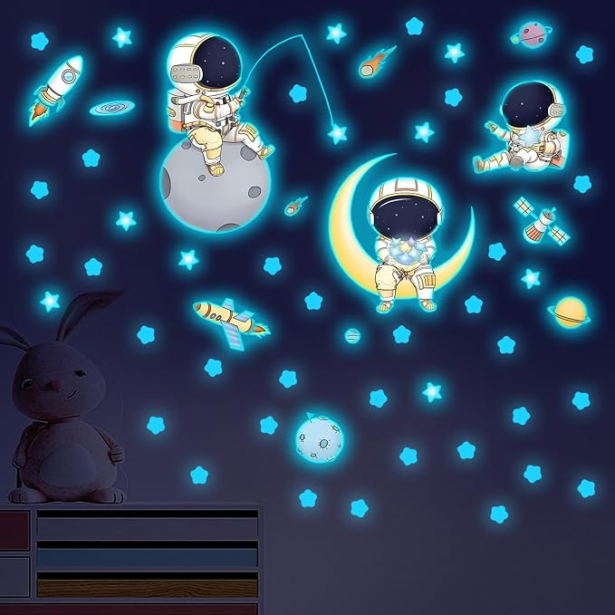 DIY Creativity Starry Sky Astronaut Night Light Stickers Cartoon Rabbit Wall Stickers Star Spaceship Night Light Stickers Room Decoration Wall Stickers (Astronaut Blue Light)