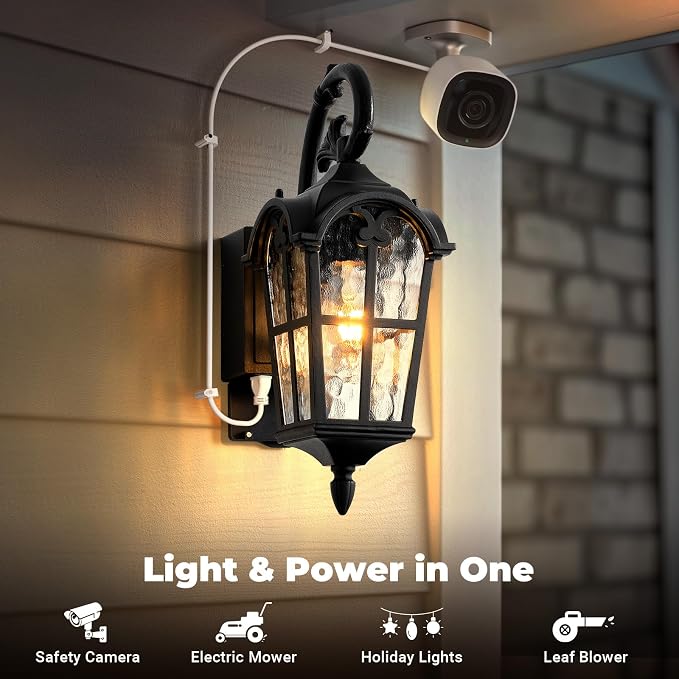 Outdoor Porch Light with GFCI Outlet, Black Roman Dusk to Dawn Porch Light Wall Mount, Aluminum Exterior Wall Sconce with Water Ripple Glass, Waterproof Outside Sconce Lights for House