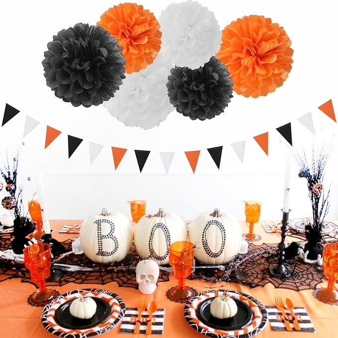 Orange-Black White Party-Decorations Paper-Flowers Lanterns - 15PCS Halloween Tissue Pom Poms Streamers,Vintage Baby Bridal Shower Birthday Bachelorette Wedding Hanging Supplies Decor Hugfond