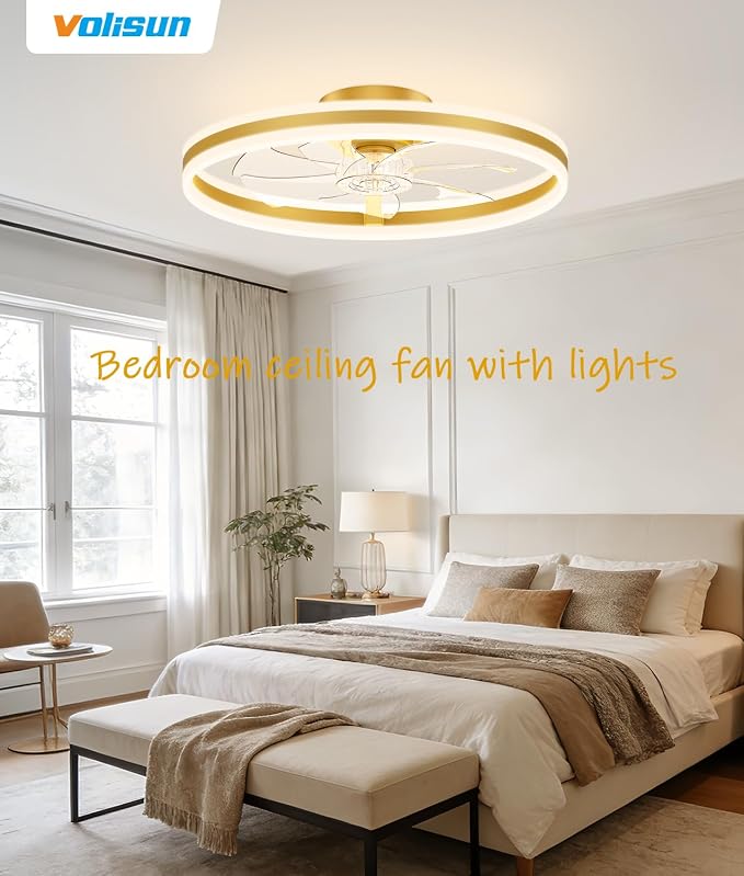 VOLISUN Low Profile Ceiling Fans with Lights and Remote, 24in Flush Mount Ceiling Fans with Light, 3000K-6500K Dimmable Fandelier LED Fan Light, Gold Bladeless Ceiling Fans with Lights for Bedroom