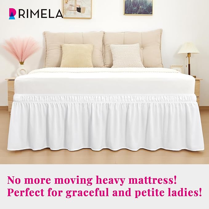 RIMELA Bed Skirt King Size Bright White 15 Inch Drop, Wrap Around Elastic Bedskirt, Dust Ruffle for Adjustable Bed Base Soft Durable Fabric Machine Washable Easy to Install Bed Skirts