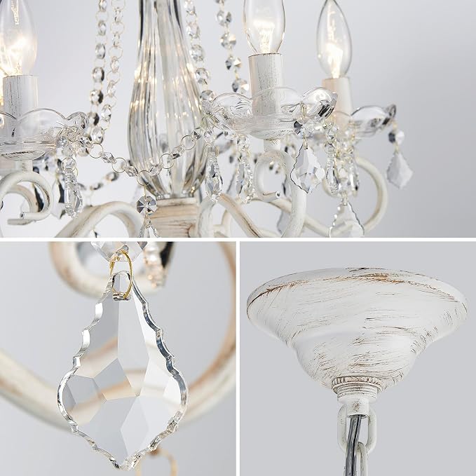 ANJIADENGSHI Small Crystal Chandelier, Modern White Chandelier Dining Room Light Fixture, Mini Crystal Pendant Light for Bedroom Ceiling Light Fixture for Living Room Entryway Kitchen Island Hallway