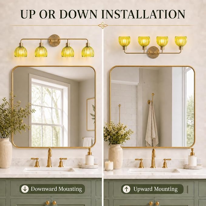 4-Light Gold Brass Bathroom Light Fixture,Wall Sconces,Brushed Gold Vanlity Light Over Mirror,Bathroom Vanity Light with Green Glass Flower Shade,E26 Socket(Bulbs Not Included)
