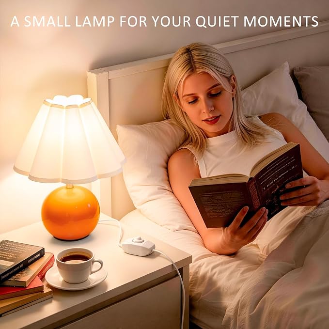 Small Bedside Table Lamp, 11.8'' Ceramic Stepless Dimmable Lamp (Orange) | with scalloped fabric shade for nightstand & living room. Perfect for quiet nights to create a cozy, relaxing atmosphere