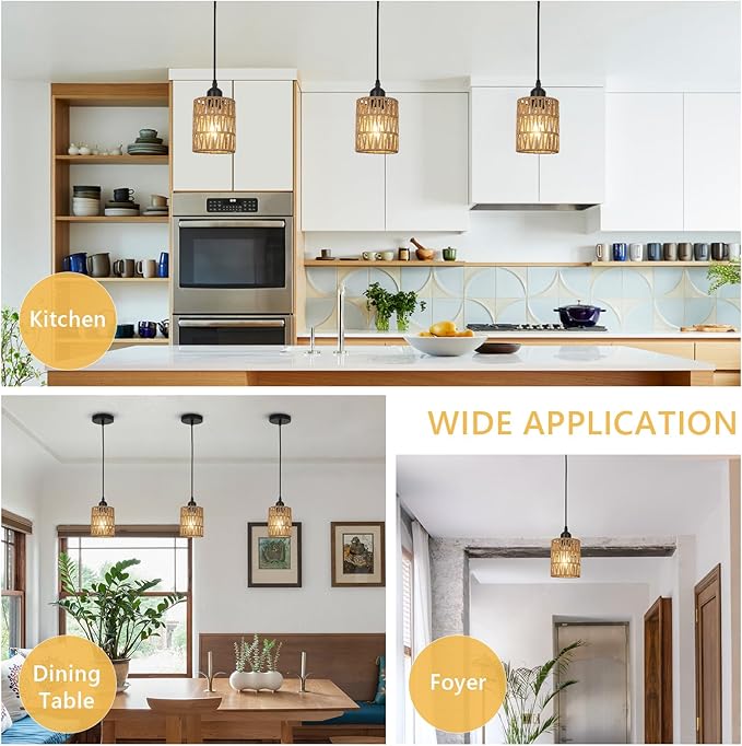 1-Light Rattan Pendant Lights, Boho Farmhouse Pendant Lighting with 4.7×5.9in Hand Woven Shade, Small Wicker Light Fixture Ceiling Hanging for Dining Room Kitchen, Height Adjustable up to 61in