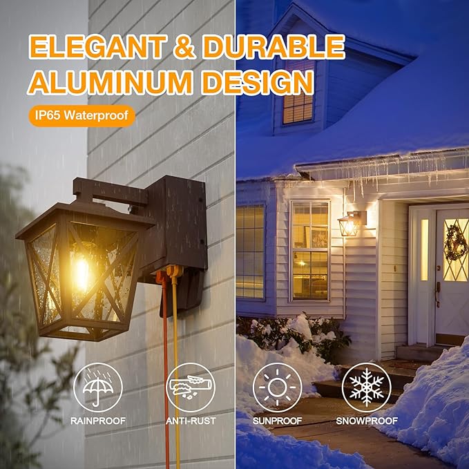 Ehaho Porch Lights with Outlet, Dusk to Dawn Outdoor Light Built-in, Waterproof Anti-Rust Lantern Outside Light with GFCI Outlet, Wall Sconce Light with Plug for Front Door (Brown 1 PC) (Pack of 2)