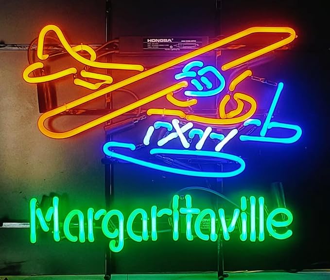Neon Signs Beer Bar Club Bedroom Compatible For Jimmy Margaritavilles Airplane Sign Glass Neon Signs for Office Hotel Pub Cafe Wedding Birthday Party Man Cave Neon Light Art Wall Lights 24 X 20 - Inches