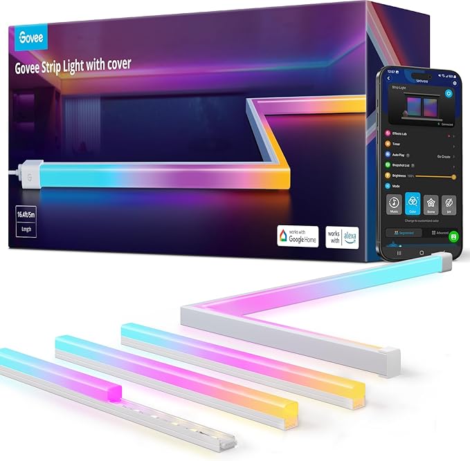 Govee RGBIC LED Strip Lights 16.4ft with Covers, Smart LED Lights for Bedroom Work with Alexa and Google Assistant, LED Diffuser Channel with Srtip Lights, Skirting Lines, Studio, Cabinet