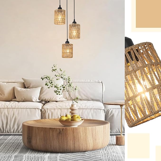 3 Lights Rattan Pendant Light, Farmhouse Dining Room Light Fixtures Ceiling Hanging, Boho Pendant Lighting with Hand Woven Wicker Shades for Kitchen Island Living Room Bedroom Foyer Hallway