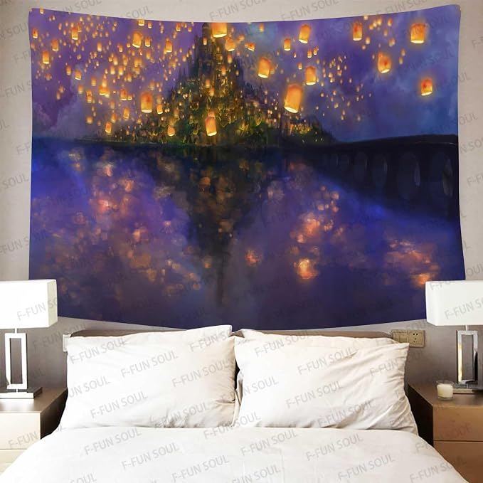 F-FUN SOUL Night Castle Tapestry, 60x60inchs Soft Flannel, Cartoon Castle lantern Fuzzy Pattern Wall Hanging Tapestries for Bedroom Living Room Decor GTOKFS0775