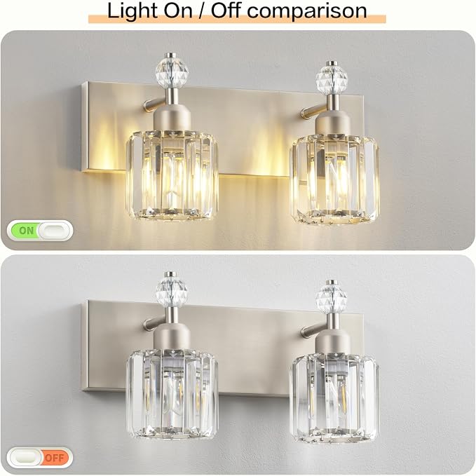 PRESDE 2-Light Crystal Bathroom Vanity Light, Brushed Nickel Modern Bath Lighting Fixture Over Mirror, Wall Sconce Lamp