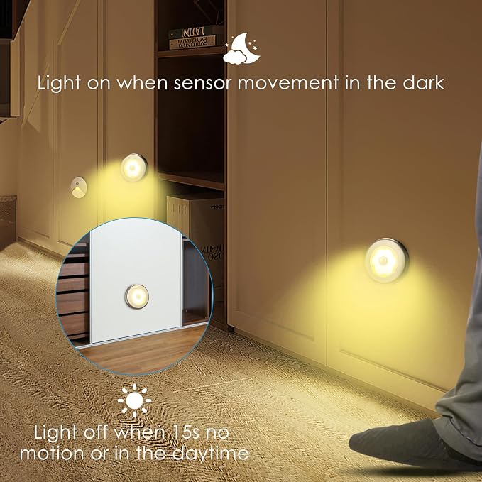 AMIR 3.15” Motion Sensor Light, 6 Pack Cordless Battery-Powered LED Night Light, Stick-Anywhere Closet Lights Stair Lights, Safe Lights for Hallway, Bathroom, Bedroom, Kitchen (Golden - Warm White)