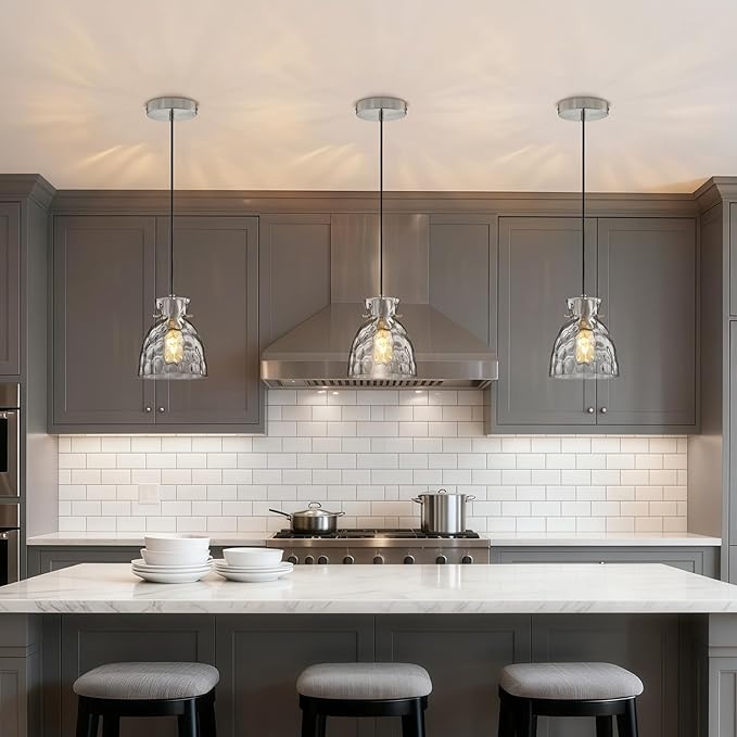 Brushed Nickel Pendant Lights Kitchen Island 2 Pack, 5.9“ Small Hammered Glass Pendant Light Fixtures, Adjustable Modern Hanging Lights Kitchen Pendant Lighting over Island Sink Bathroom Dining Room
