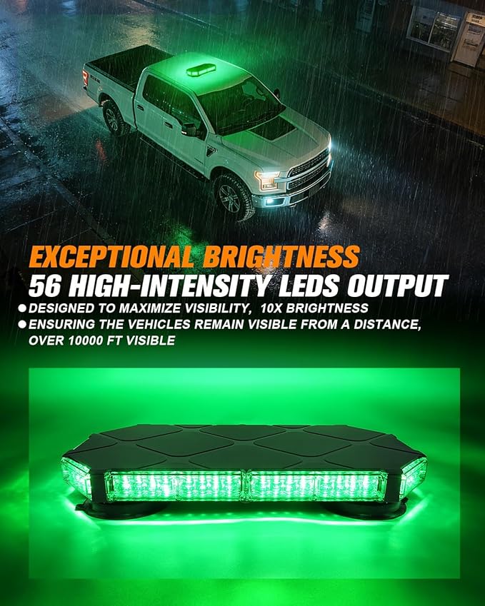 LUMENIX 56 LED Roof Top Strobe Beacon Lights Bar Rooftop Hazard Warning Safety Flashing Light for Fire EMS Emergency Management Command Vehicles Volunteer Security Patrol Cars - Green