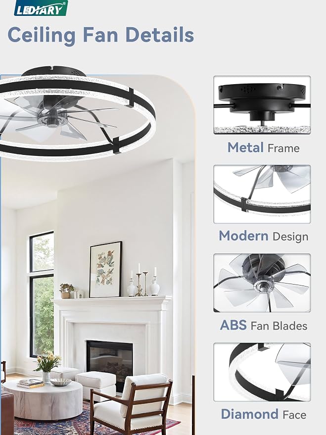 LEDIARY 24'' Low Profile Ceiling Fans with Lights and Remote, Black, 2 Pack | 3000-6000K Dimmable LED, 6 Wind Speeds, Quiet Reversible DC Motor, Small Flush Mount Fandelier for Bedroom, Living Room