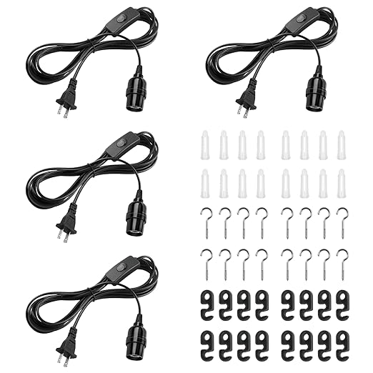 DiCUNO Extension Hanging Lantern Cord Cable, E26 Pendant Light Lamp Socket, On-Off Switch Close to Polarized Plug, 13 Feet, Medium Base for Grow, Plant, Ceiling Lights Fixture, Black, 4 Pack