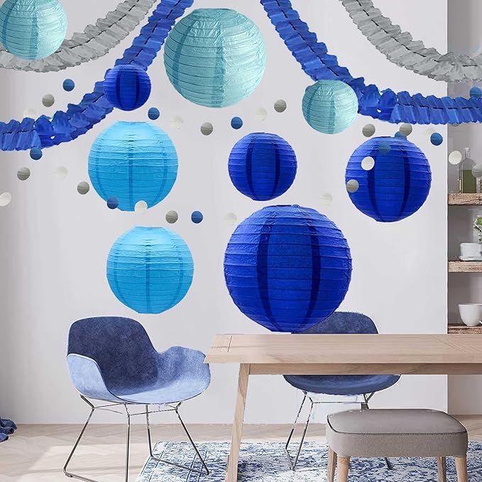 Blue Paper Lanterns 12Pcs Hanging Round Paper Lanterns Decorative for Graduation Baby Shower Wedding Birthday Family Parties ﻿
