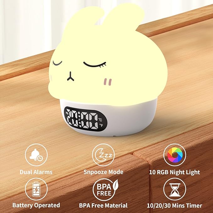 Bunny Alarm Clock with Night Light for Kids, Cute Digital Clocks for Bedrooms, Ok to Wake Clocks Battery Operated, Rechargeable Led Desk Clock With Timer, Bedside Clock Gifts for Teen Boys Girls White
