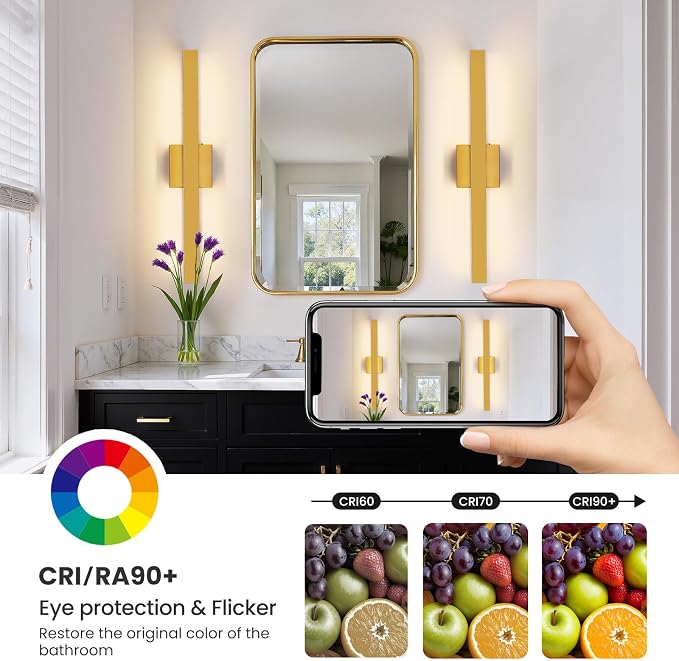 Gold Bathroom Vanity Light - 24 Inch 20W Dimmable 5CCT LED Bathroom Light Fixtures Over Mirror, Modern Vanity Light Bar for Bathroom Mirror Cabinets Bedroom