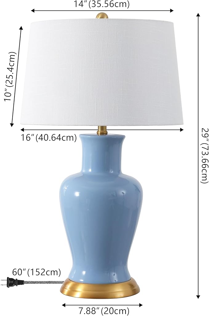 JONATHAN Y 29" Blue Traditional Ceramic Urn LED Table Lamp for Bedroom Decor, White Linen Drum Shade, Classic Nightstand Lamp for Living Room, LED Bulb Included (JYL4026E)