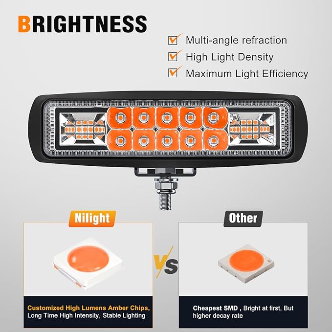 Nilight 6 Inch Amber LED Light Pods 2 PCS 60W Flood Spot Combo Beam Off Road Work Driving Fog Lighting for 12V 24V ATV UTV Pickup Truck Tractor Boat