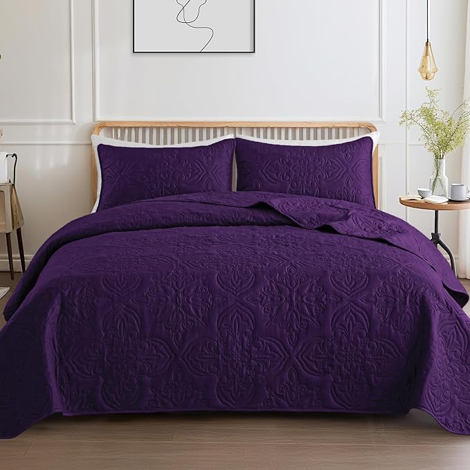 Whale Flotilla Cal King Quilt Set Vintage Damask Reversible Bedspread | Suitable for Bed, 3 Pieces Purple Lightweight Breathable Oversized Quilts, Ultrasonic Coverlet Bed Cover with 2 Pillow Shams