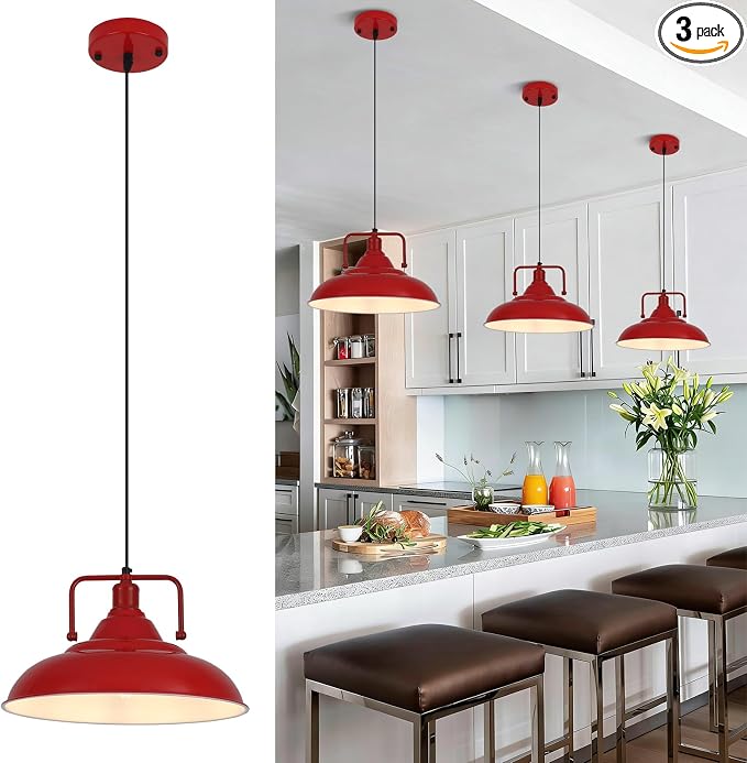 Red Pendant Lights Kitchen Island, Large Pendant Light 15.7" 3 Packs, Farmhouse Pendant Light, Modern Pendant Lights, Kitchen Pendant Lights, Pendant Light for Kitchen, Living Room, Bedroom