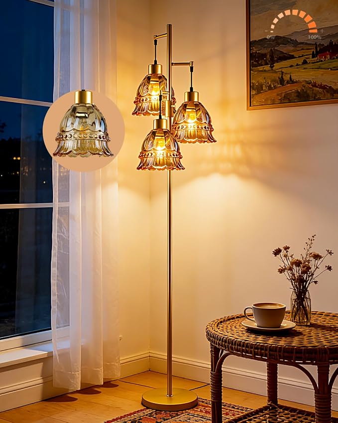 Lightdot 3-Lights Glass Floor Lamp Dimmable Gold Floor Lamps with Brown Glass Shade 3000K Bulbs Included Unique Modern Standing Tall Lamp with 5Lbs Heavy Base for Living Room/Bedroom/Sofa Beside