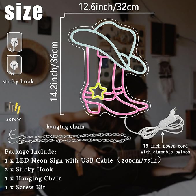 Cowboy Boot Hat Neon Sign, LED Western Pink Cowgirl Boots Neon Lights for Wall Decor, Cowboy Hats Neon Light Up Signs USB Powered for Bedroom Art, Game Room Party, Birthday Party, Christmas Gift