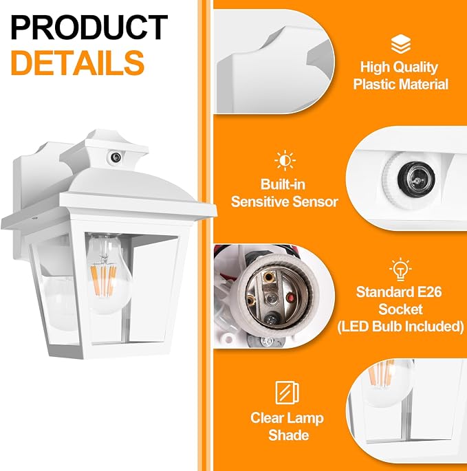 FUDESY Dusk to Dawn Outdoor Wall Lantern, Exterior Porch Light Fixture, E26 | Waterproof Modern White Wall Sconce, Sensor Outside Lighting Wall Mount for Hose,Front Door,Garage,Entryway, 3000K Warm White