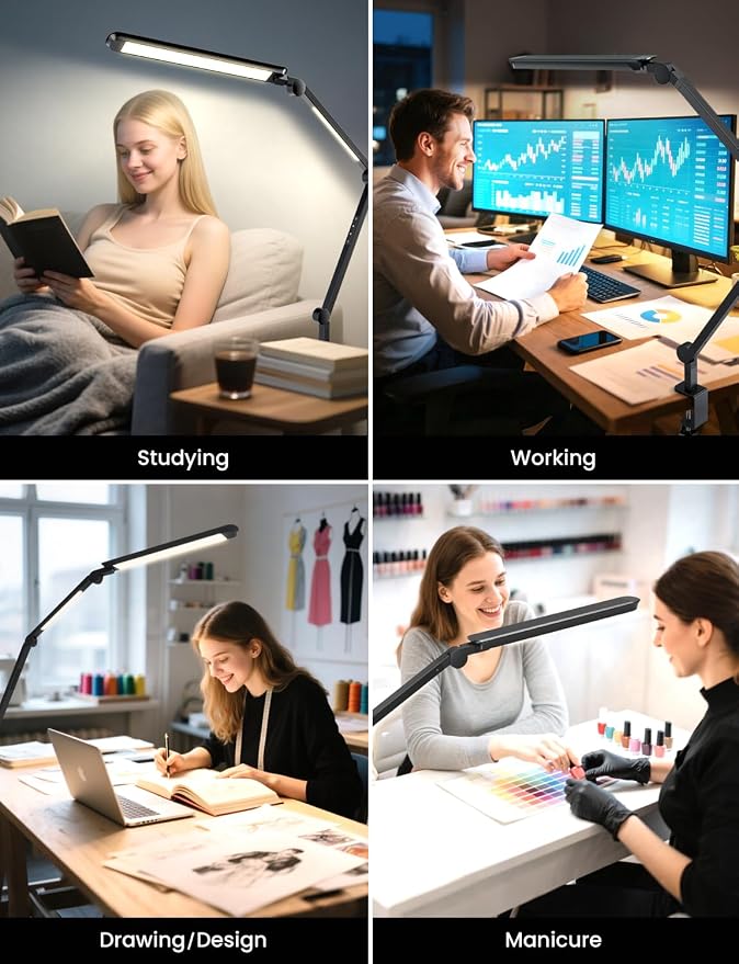 LED Desk Lamp with Clamp, Adjustable Dual Light & Remote Control, Puzzle Light for Table No Glare, 4 Color Modes with Wireless Remote for Home Office & Study
