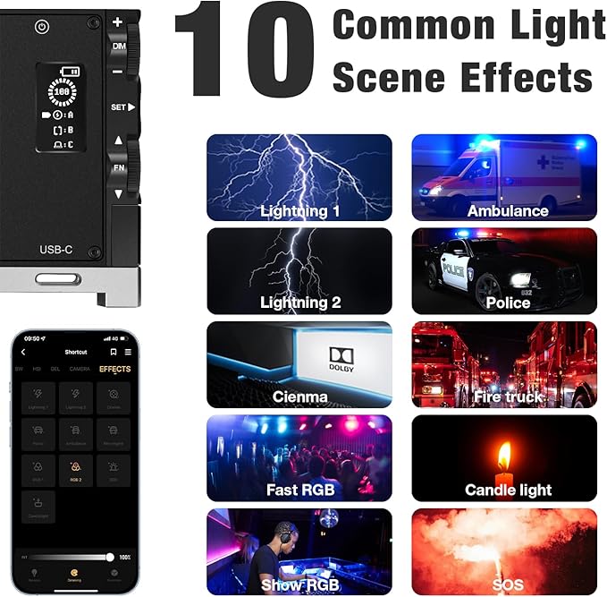 Pixel G1s RGB Video Light with APP Control, 12W 210 Minutes Rechargeable Battery LED Camera Light, 10 Common Lighting Effects, CRI≥97 2500-8500K LED Video Light with Aluminum Alloy Body
