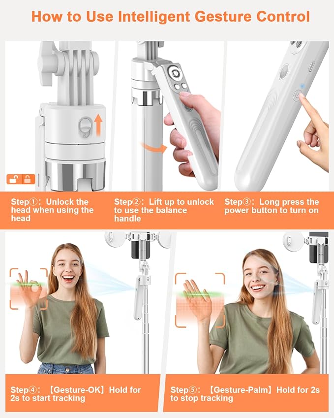Yeaki 71” Auto Face Tracking Tripod for iPhone with Light,360° Rotating Phone Stand with Rechargeable Remote Control for TikTok Vlog, Phone Tripod for Android Camera/GoPro/Ring Light (White)