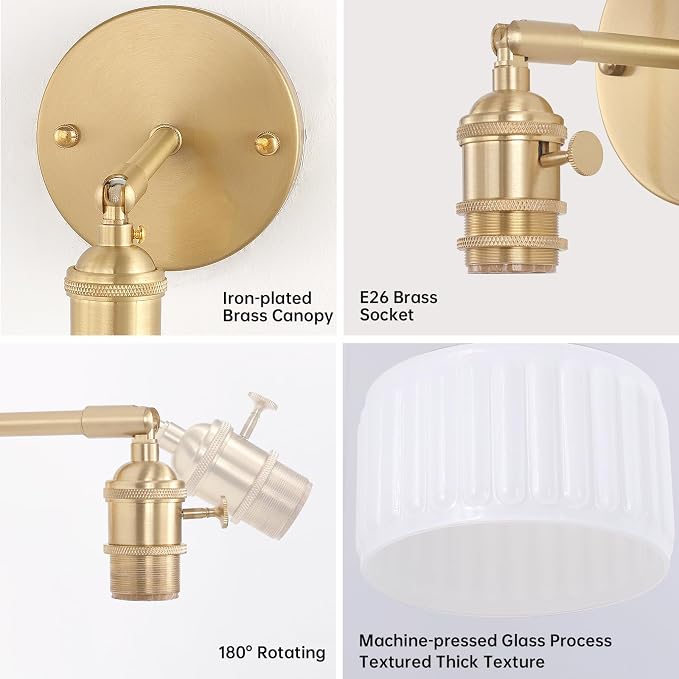 Shenmoyl Vintage Battery Operated Wall Sconce with White Striped Glass Lampshade 5000 mAh Rechargeable Battery Powered Wall Light with Remote Control for Bedside Bedroom Doorway