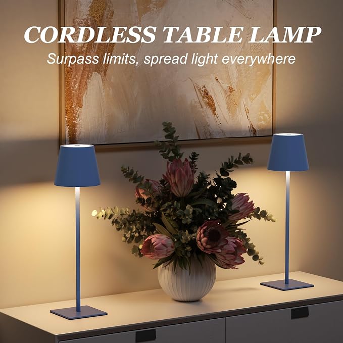 Kakanuo Cordless Rechargeable Table Lamp Navy 5000mAh Battery Operated Lamps, 3 Colors Stepless Dimming Touch Lamp for Living Room, Kitchen Counter, Dining, Outdoor Patio, 2 Pack