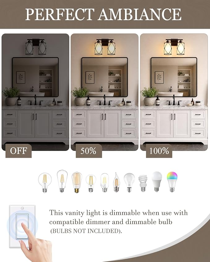 2-Light Oil Rubbed Bronze Bathroom Light Fixtures Over Mirror, 13.2" UL-Listed Modern Farmhouse Wall Sconce Lights with Milk White Frosted Glass and Metal Cage for Bath, E26, CH9176ORBW-2W