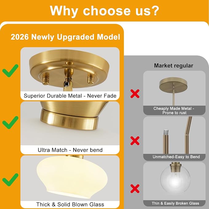 Modern Pendant Lights Kitchen Island, Brushed Gold Pendant Light Fixtures with 11" Milk Glass Shade, Industrial Hanging Pendant Lights Fixture for Kitchen Island Dining Room Bedroom Hallway Entryway