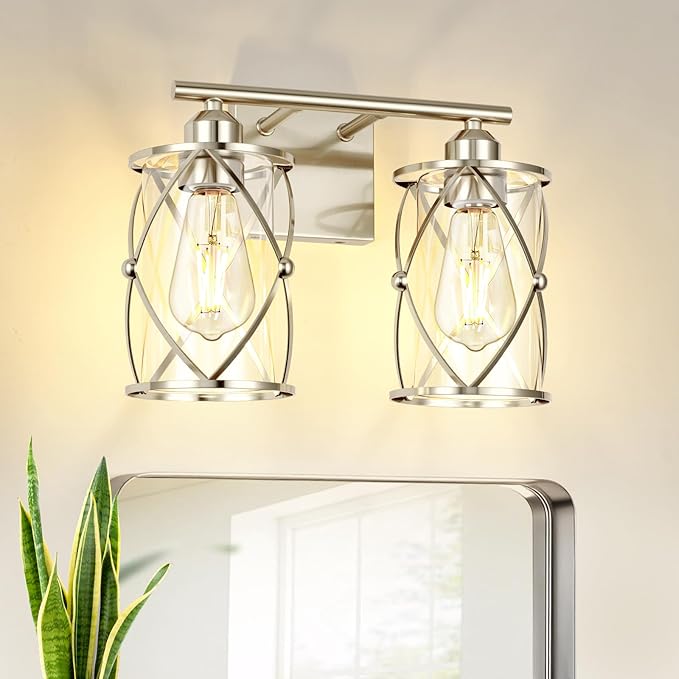 2-Light Brushed Nickel Bathroom Light Fixtures, 13.8 Inch Modern Bathroom Vanity Lighting Fixtures Over Mirror with Clear Glass and Metal Cage Wall Sconce Lights for Bath, E26, CH9176BN-2W